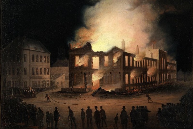 25 avril 1849_émeutiers-feu-incendie-hôtel-parlement-montréal-canada_wp